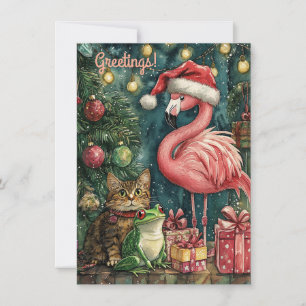 Pink Flamingo Cat & Frog Tropical Christmas Holiday Card