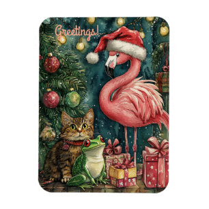 Pink Flamingo Cat & Frog Tropical Christmas  Magnet