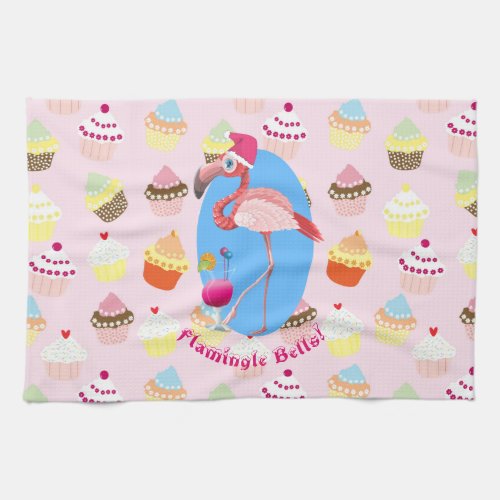 Pink Flamingo Christmas Cocktails and Cupcakes Kitchen Towel