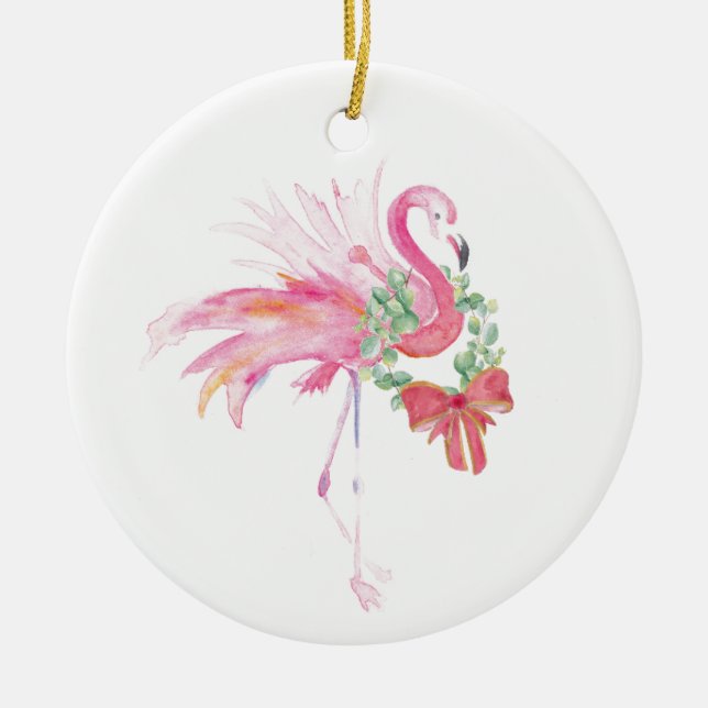 Pink Flamingo Christmas Decor Ceramic Ornament (Front)