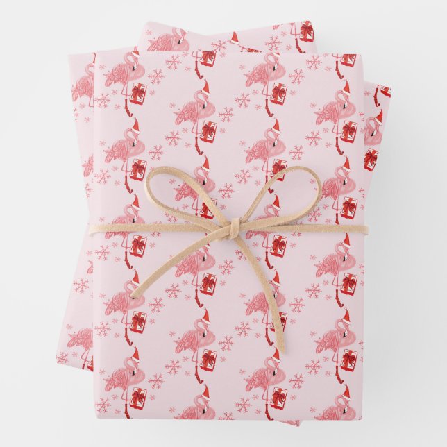 Pink Flamingo Christmas Holiday Whimsical Wrapping Paper Sheets (In situ)