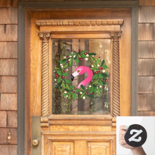 Pink Flamingo Christmas Holiday Wreath Window Cling