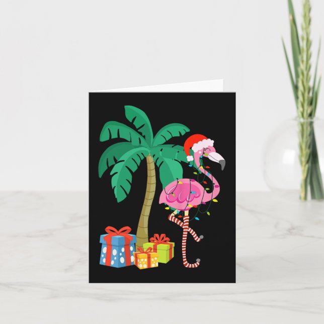 Pink Flamingo Christmas Palm Tree Tropical Xmas Fu Card (Front)