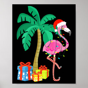 Pink Flamingo Christmas Palm Tree Tropical Xmas Fu Poster