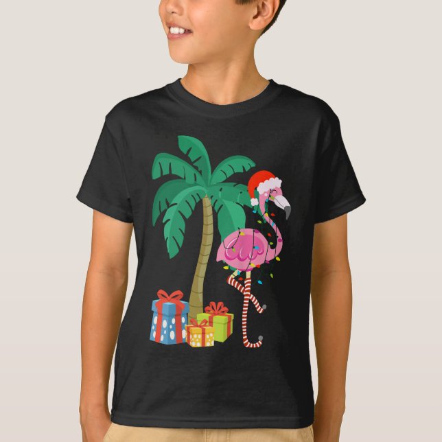 Pink Flamingo Christmas Palm Tree Tropical Xmas Fu T-Shirt (Front)