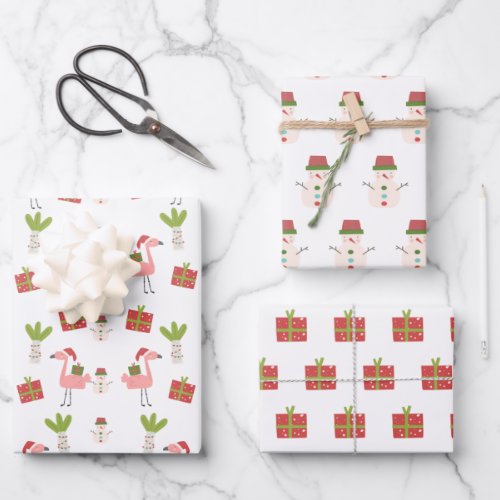 Pink Flamingo Christmas Snowman Pink White Red Wrapping Paper Sheets