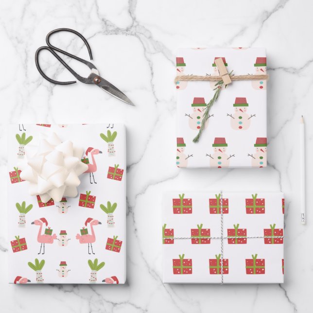 Pink Flamingo Christmas Snowman Pink White Red Wrapping Paper Sheets (Front)