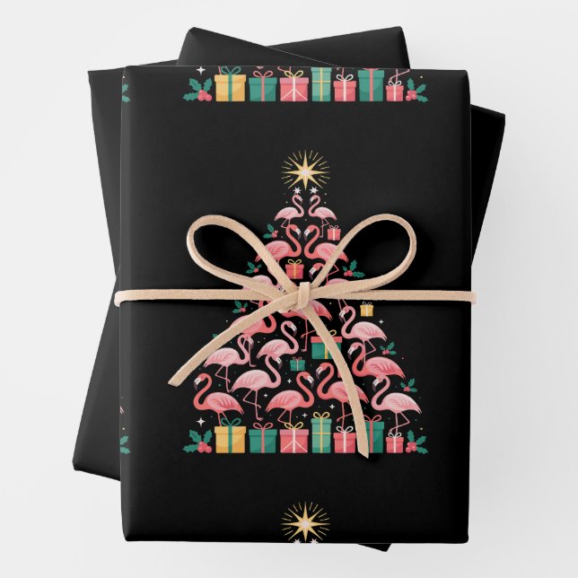 Pink Flamingo Christmas Tree Cute Xmas Holiday Wrapping Paper Sheets (In situ)