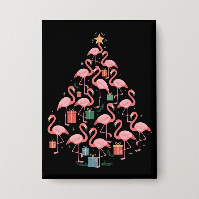 Pink Flamingo Christmas Tree Flamingos Holiday Button (Front)