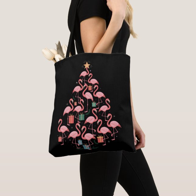 Pink Flamingo Christmas Tree Flamingos Holiday Tote Bag (Close Up)