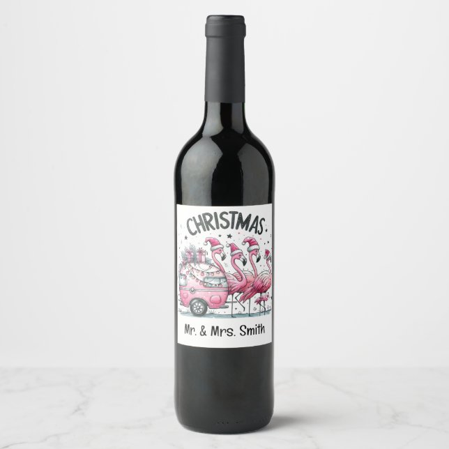 Pink Flamingo Christmas Wine Label (Front)