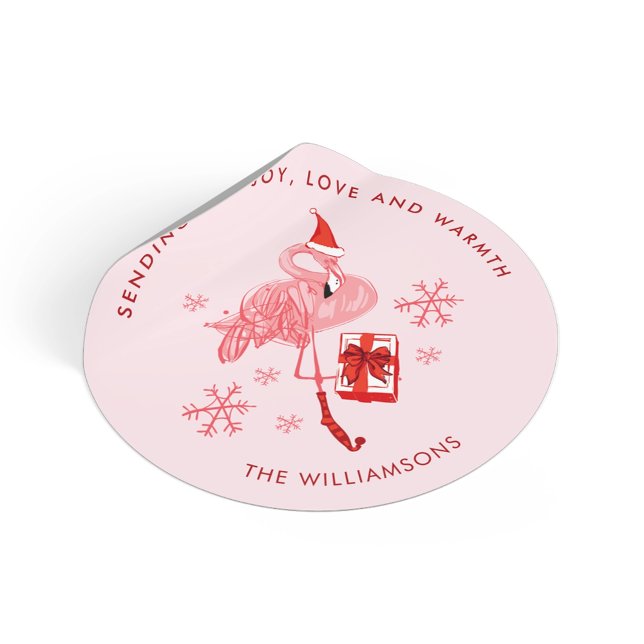 Pink Flamingo Coastal Christmas Watercolor Classic Round Sticker (Pink Flamingo Coastal Christmas Watercolor Classic Round Sticker)