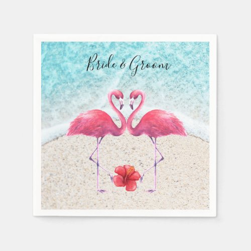 Pink Flamingo couple love at the beach Wedding   Napkins