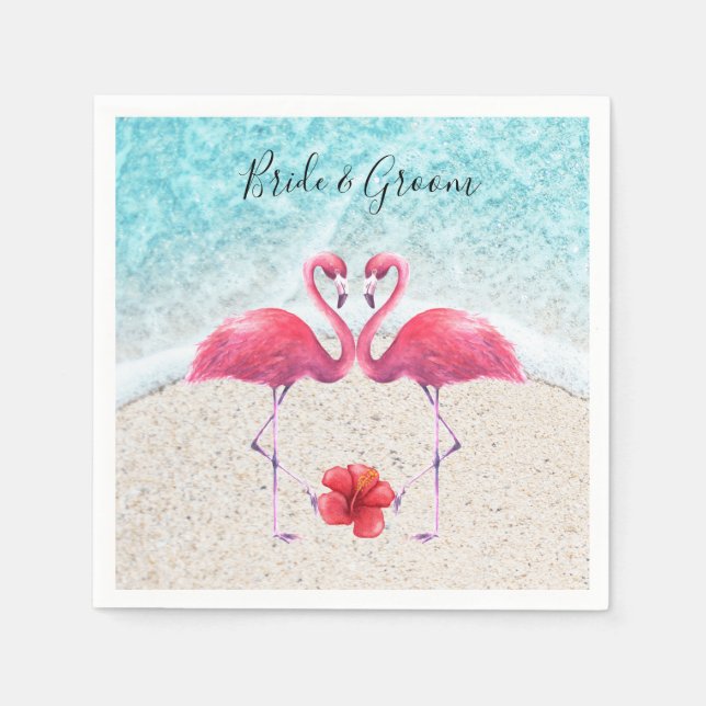 Pink Flamingo couple love at the beach Wedding   Napkins (Front)