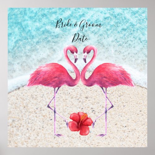Pink Flamingo couple love at the beach Wedding   Poster