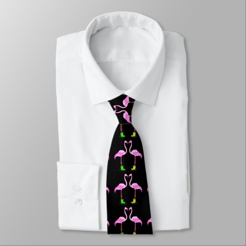 Pink Flamingo Couple Making A Heart Shape Neck Tie