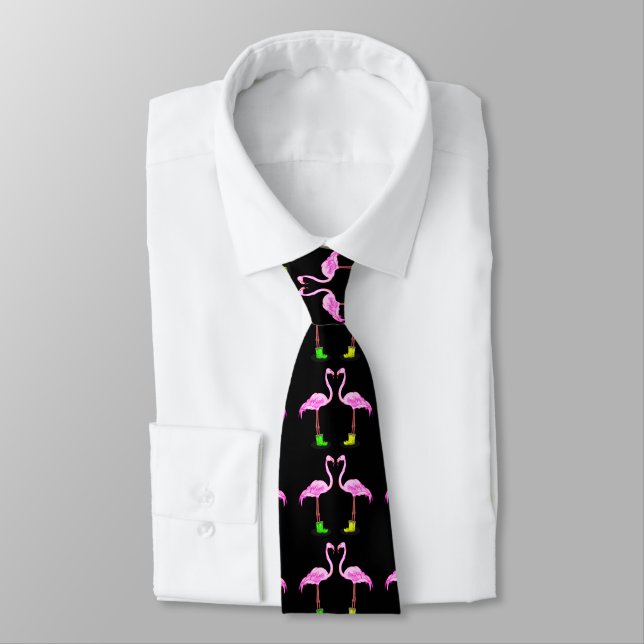 Pink Flamingo Couple Making A Heart Shape Neck Tie (Tied)