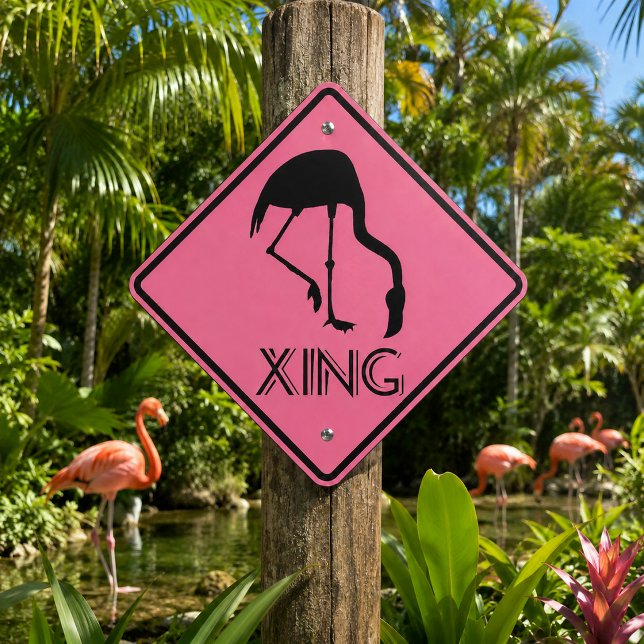 Pink Flamingo Crossing Funny Beach Theme Metal Sign (funny pink flamingo crossing sign for porch patio lawn beach house decor)
