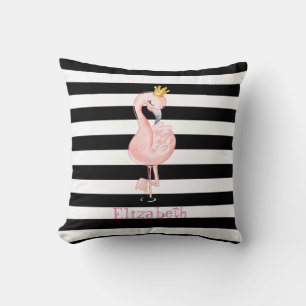 Pink Flamingo,Crown Black, White Stripes Throw Pillow