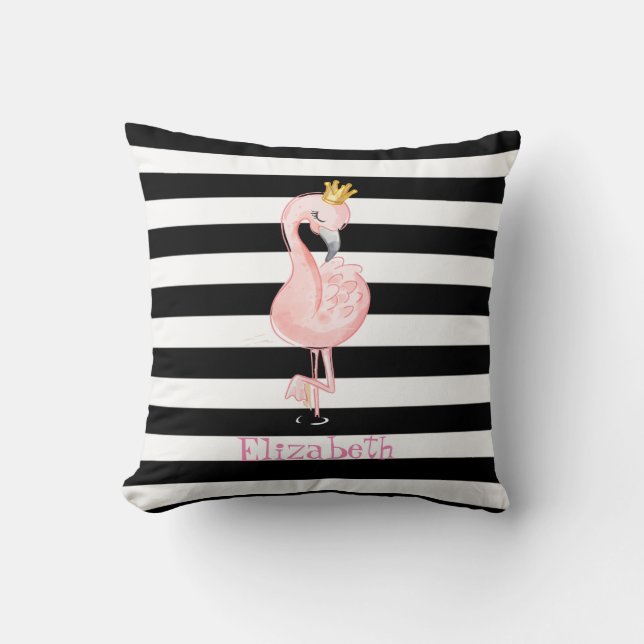 Pink Flamingo,Crown Black, White Stripes Throw Pillow (Front)