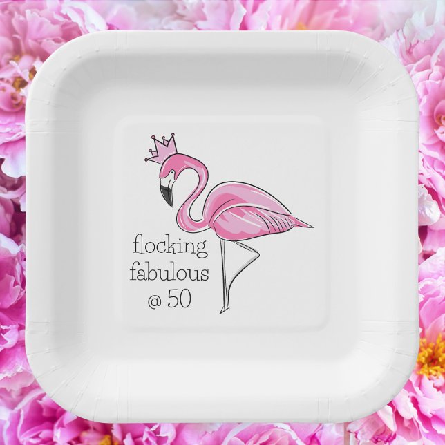 Pink Flamingo Crown Flocking Fabulous at Fifty Paper Plates (Creator Uploaded)