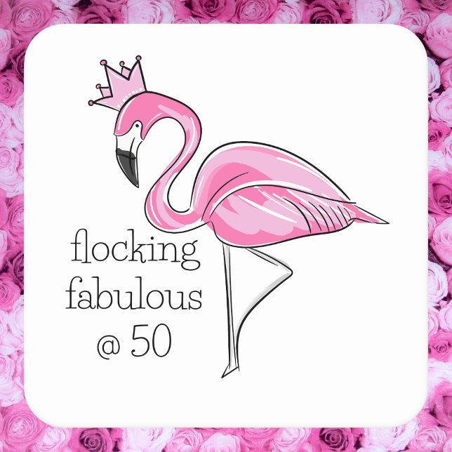 Pink Flamingo Crown Flocking Fabulous at Fifty Square Paper Coaster (Creator Uploaded)