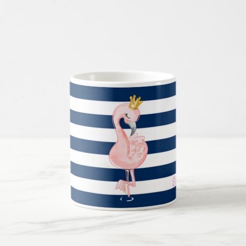 Pink FlamingoCrown Navy Blue Stripes Coffee Mug