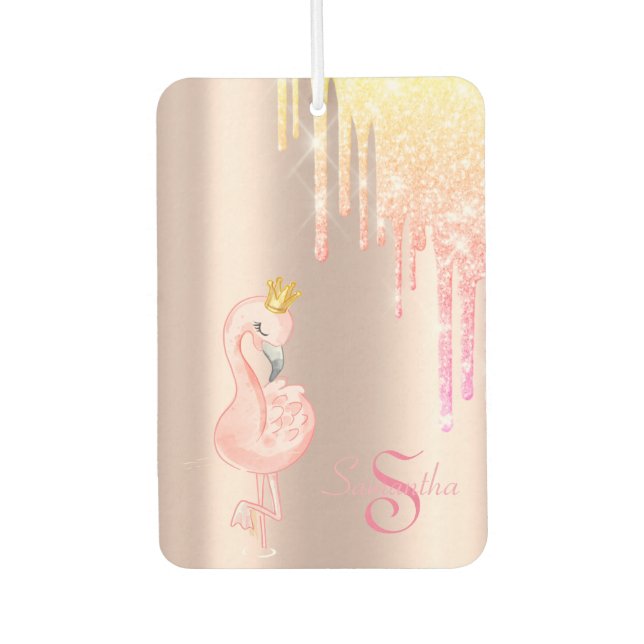 Pink Flamingo Crown, Rose Gold, Glitter Drips Air Freshener (Front)