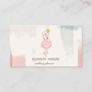 Pink Flamingo Crown, Watercolor Brush Stroke Business Card