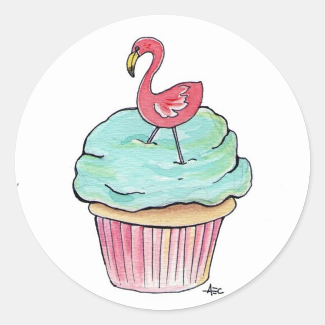 Pink Flamingo Cupcake Classic Round Sticker (Front)