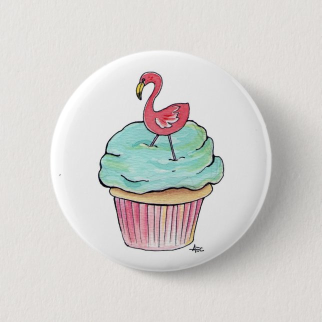 Pink Flamingo Cupcake Retro Dessert! Pinback Button (Front)