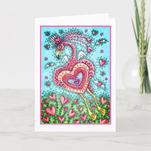 PINK FLAMINGO CUPID AND FLYING HEARTS VALENTINE HOLIDAY CARD