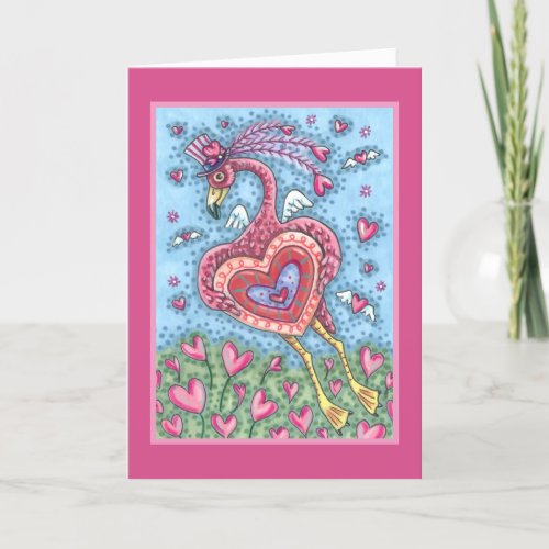 PINK FLAMINGO CUPID AND FLYING HEARTS VALENTINE HOLIDAY CARD