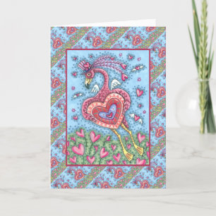 PINK FLAMINGO CUPID AND FLYING HEARTS VALENTINE HOLIDAY CARD