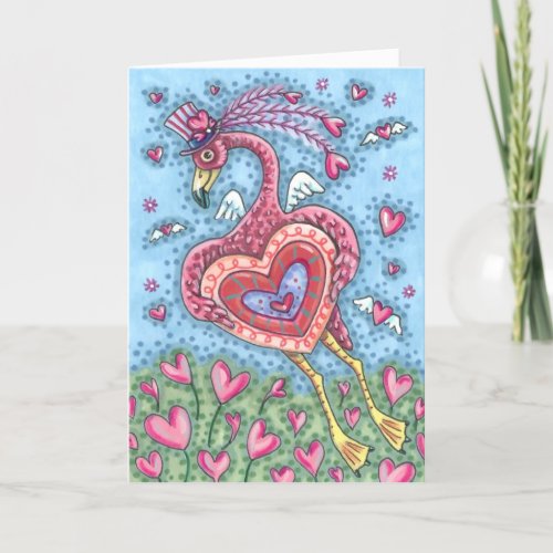 PINK FLAMINGO CUPID AND FLYING HEARTS VALENTINE HOLIDAY CARD
