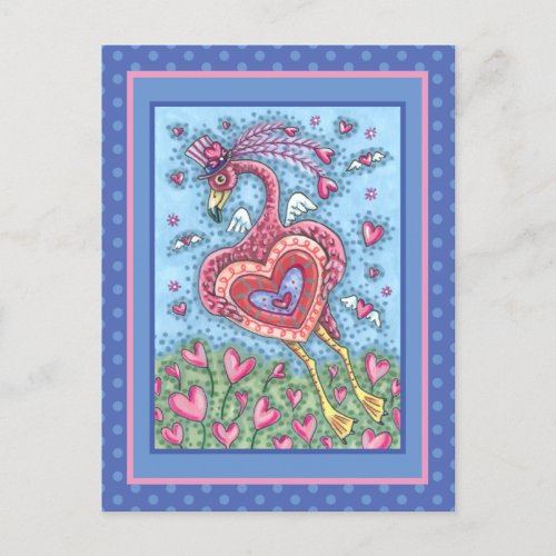 PINK FLAMINGO CUPID AND FLYING HEARTS VALENTINE HOLIDAY POSTCARD