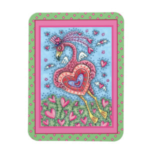 PINK FLAMINGO CUPID AND FLYING HEARTS VALENTINE MAGNET