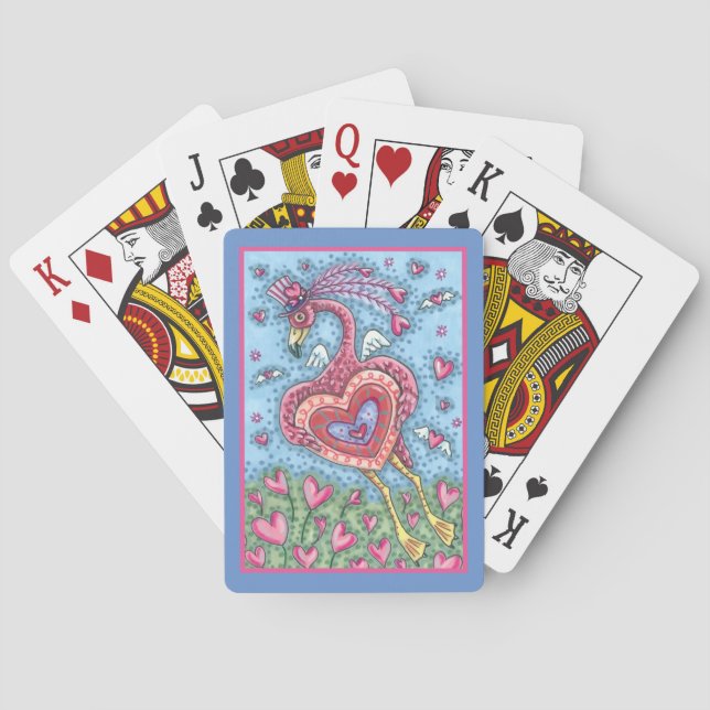 PINK FLAMINGO CUPID AND FLYING HEARTS VALENTINE POKER CARDS (Back)