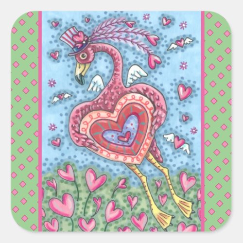 PINK FLAMINGO CUPID AND FLYING HEARTS VALENTINE SQUARE STICKER