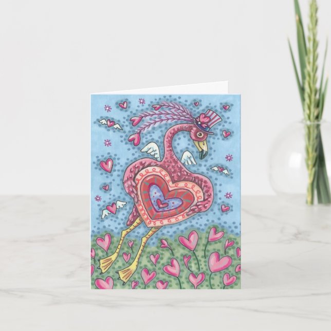 PINK FLAMINGO CUPID VALENTINE NOTE CARD *Customize (Front)