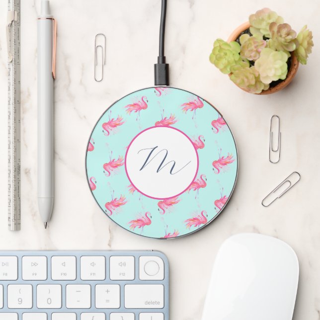 Pink Flamingo Custom Monogrammed Wireless Charger (Desk)
