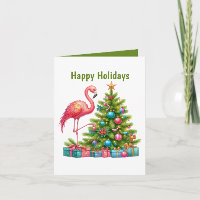 pink flamingo customizable Happy Holiday Card (Front)