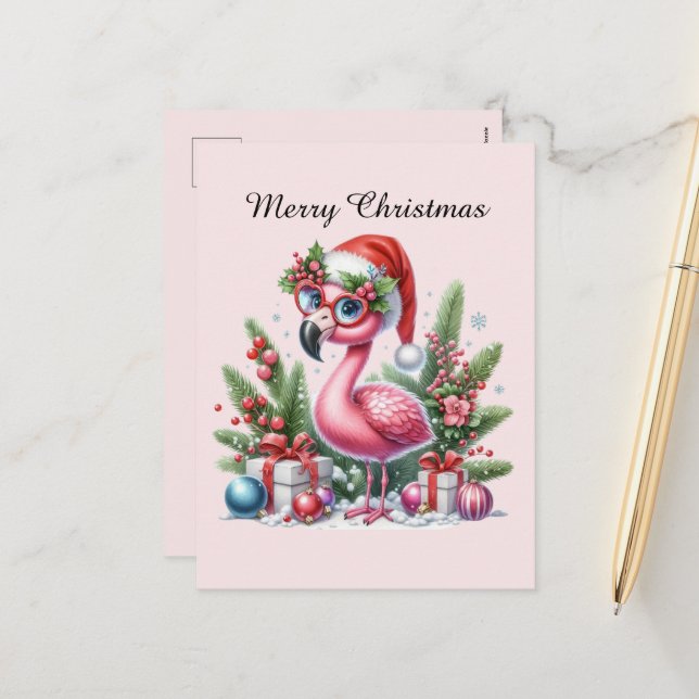 pink flamingo customizable Merry Christmas Holiday Postcard (Front/Back In Situ)