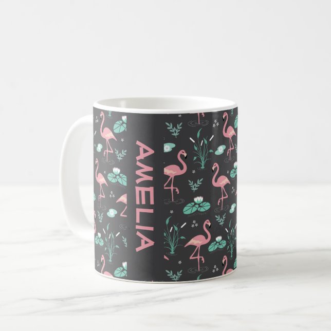  Pink Flamingo cute gray pattern name Coffee Mug (Front Left)