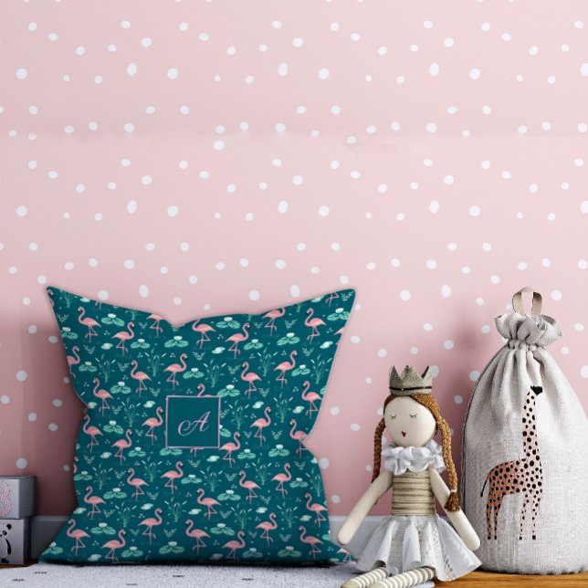  Pink Flamingo cute green teal pattern initial  Throw Pillow (Creator Uploaded)