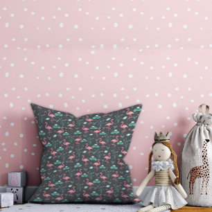 Pink Flamingo cute grey pattern Throw Pillow