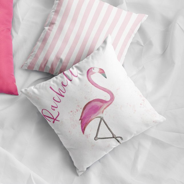 Pink Flamingo Cute Personalized Name Throw Pillow (Creator Uploaded)