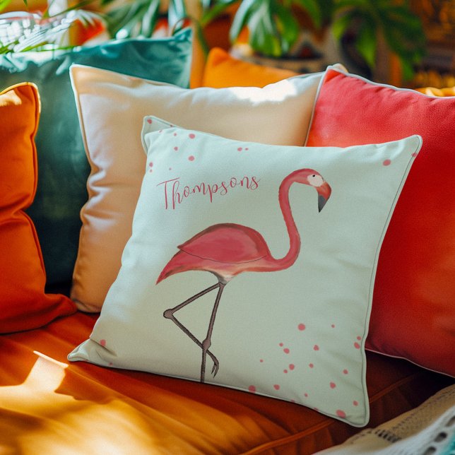 Pink Flamingo Cute Script Personalized  Throw Pillow (Pink flamingo and light blue custom throw pillow)