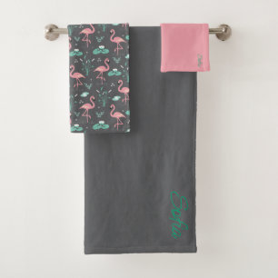  Pink Flamingo cute tuquoise gray pattern Bath Towel Set