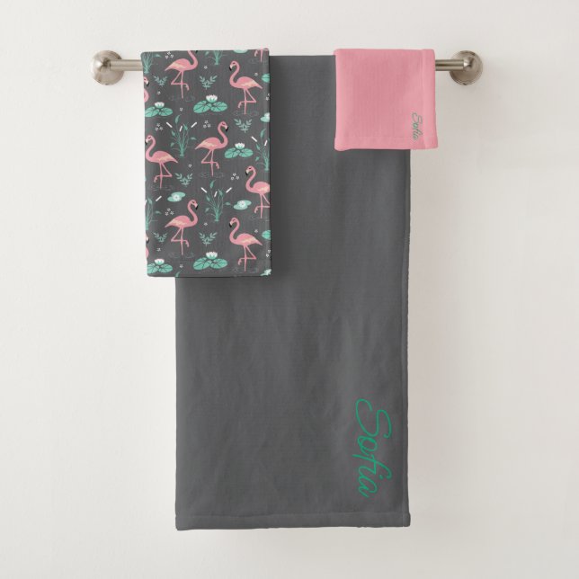  Pink Flamingo cute tuquoise gray pattern Bath Towel Set (Insitu)